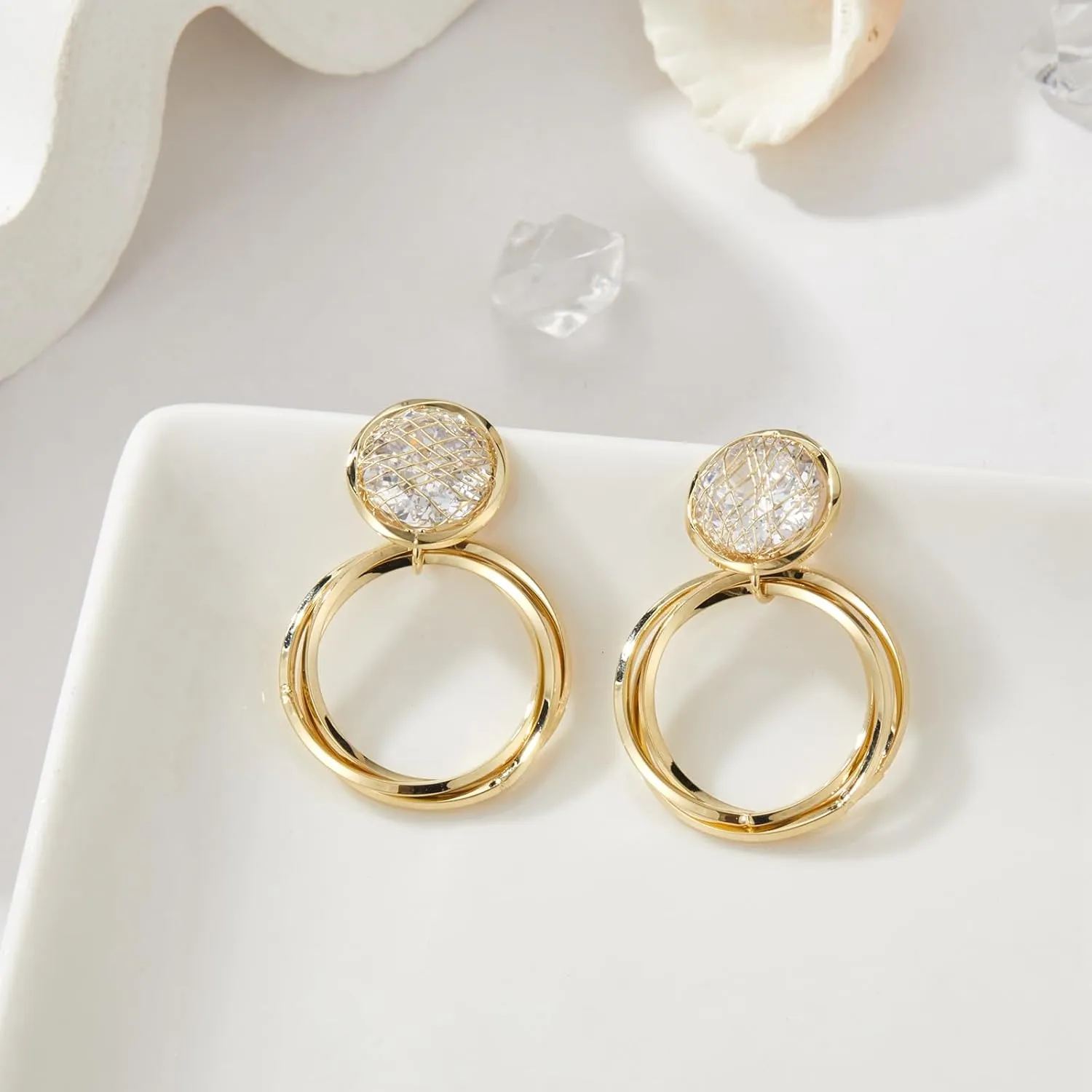 14K/18K Gold Plated Dangle Drop Earrings, Shell Pearl Earrings for Women, Dangle Huggie Earrings