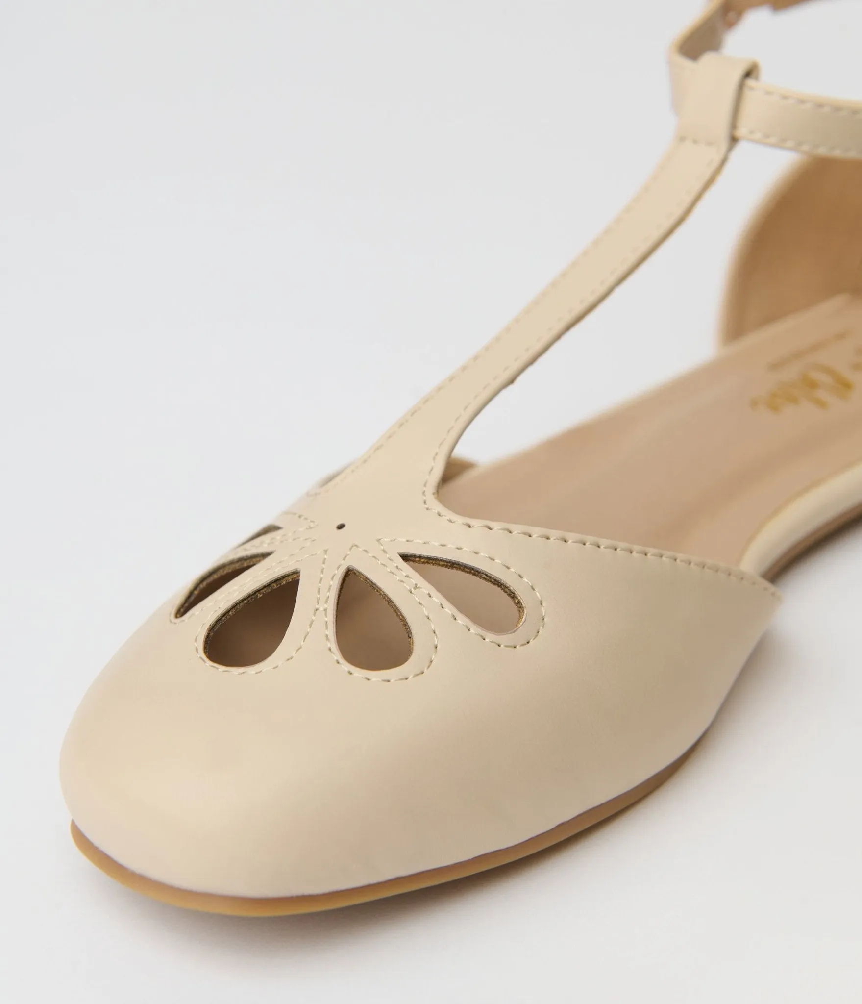 1920s Style Beige Leatherette T-Strap Flats