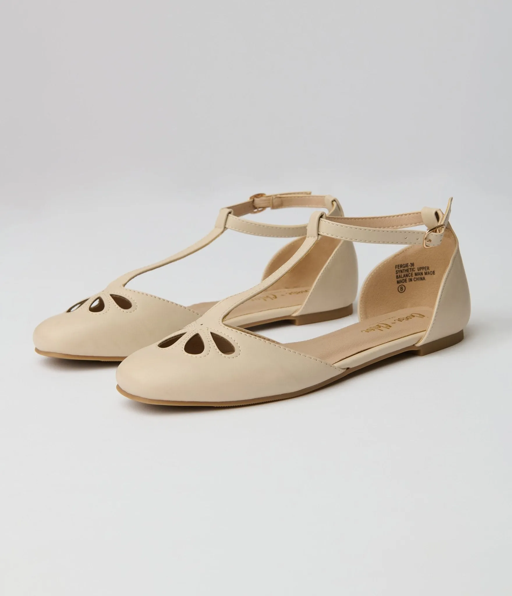 1920s Style Beige Leatherette T-Strap Flats