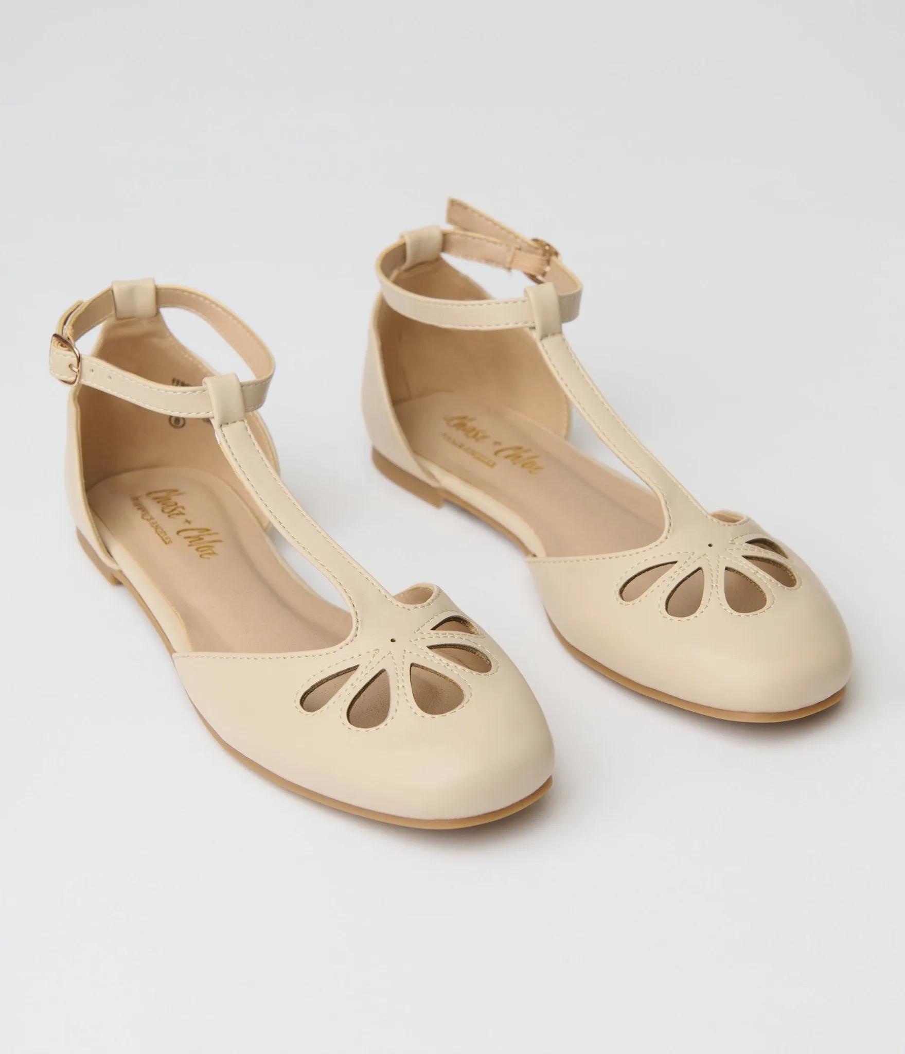 1920s Style Beige Leatherette T-Strap Flats
