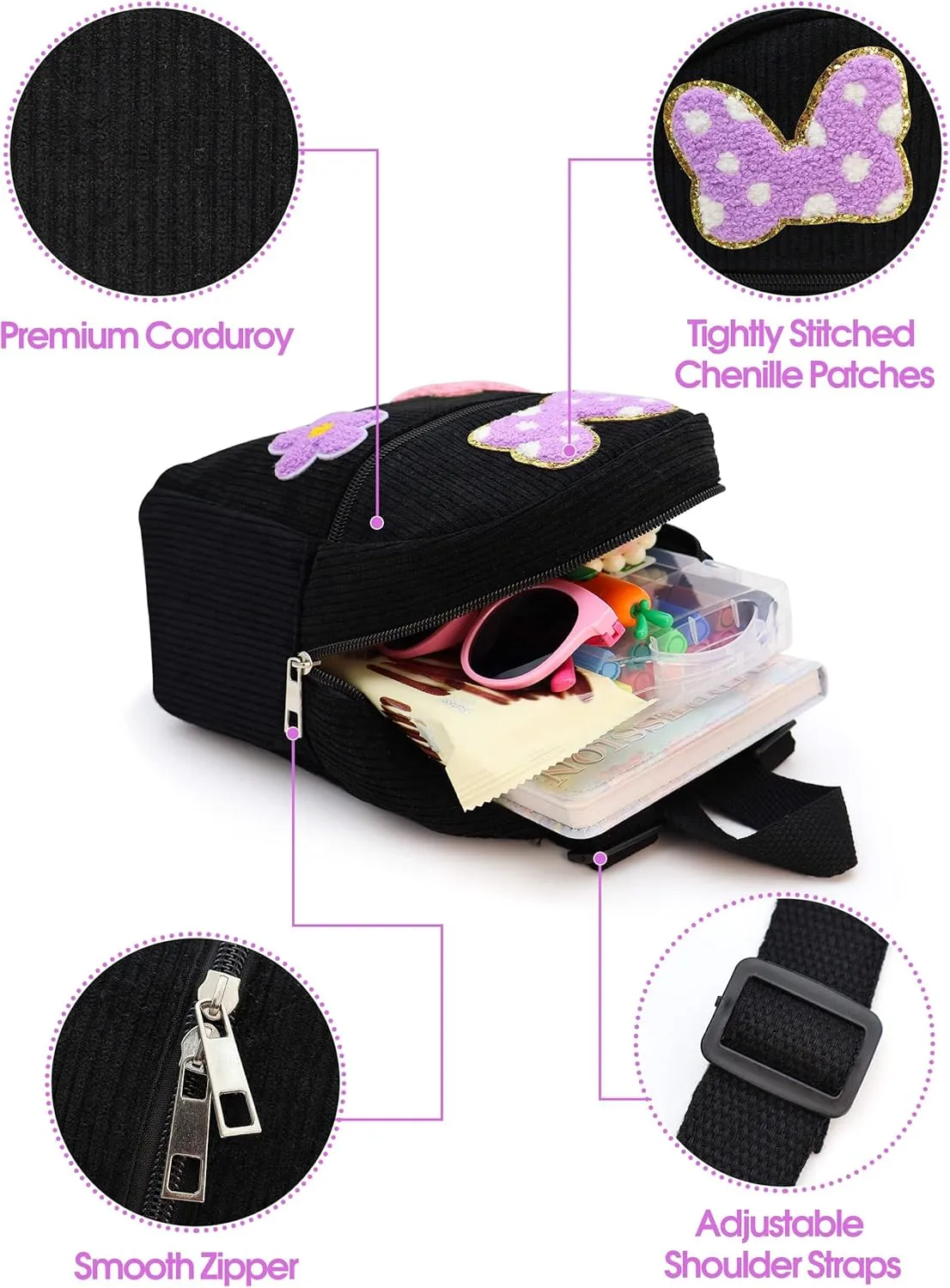 2 3 4 5 6 Year Old Girl Gifts Chenille Initial Mouse Bow Mini Backpack, Corduroy Toddler Backpacks Christmas Birthday Gifts for Girls 2-4 5-6, Black Mini Diaper Bag Must Haves for Park Travel Letter N