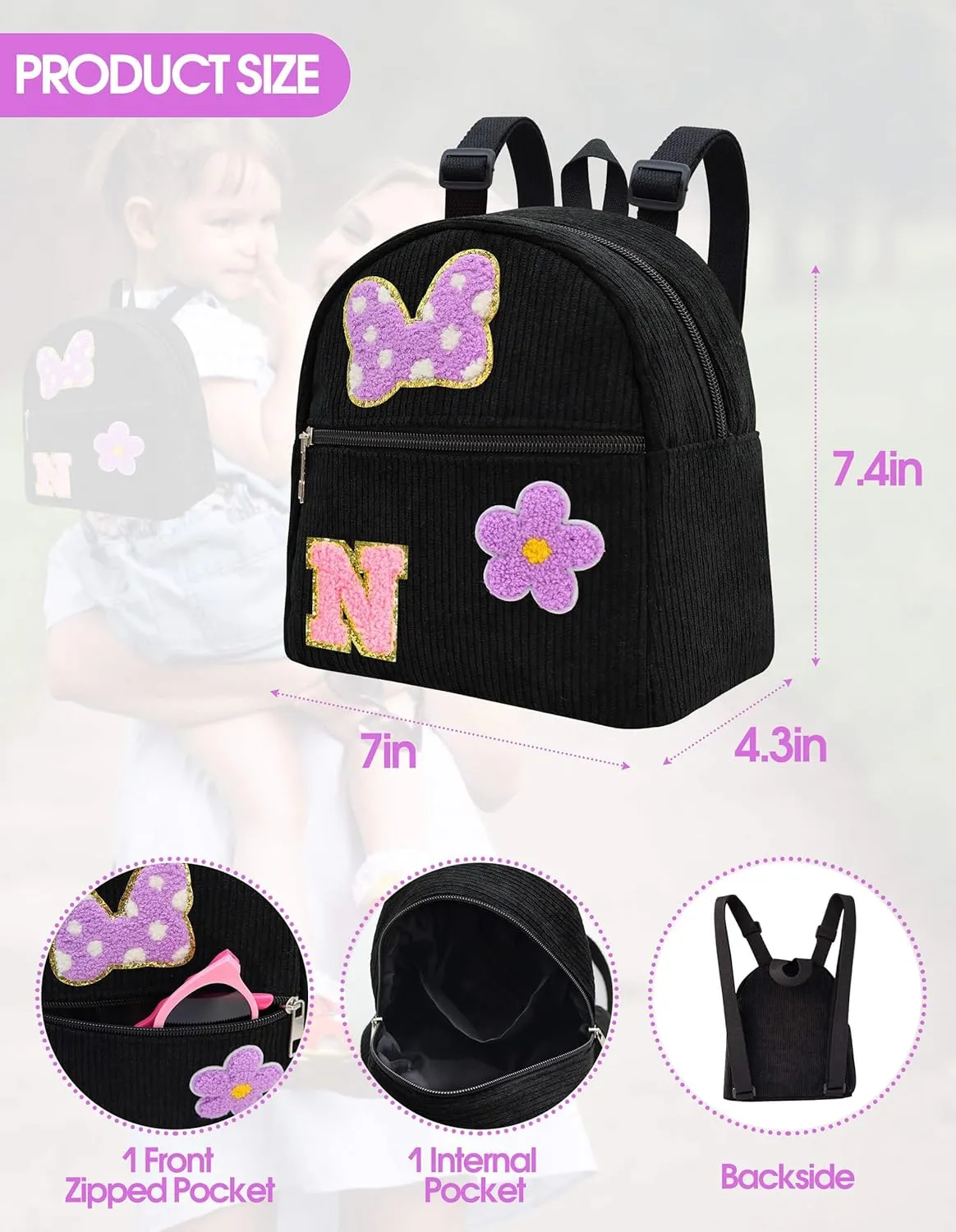 2 3 4 5 6 Year Old Girl Gifts Chenille Initial Mouse Bow Mini Backpack, Corduroy Toddler Backpacks Christmas Birthday Gifts for Girls 2-4 5-6, Black Mini Diaper Bag Must Haves for Park Travel Letter N