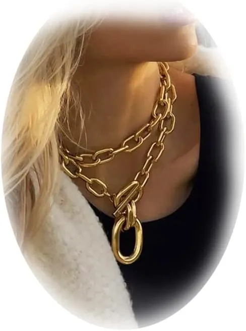 2 Pcs Chunky & Layered Necklace; Cuban Link Carabiner Chain; Punk Hip-hop Jewelry (Gold)
