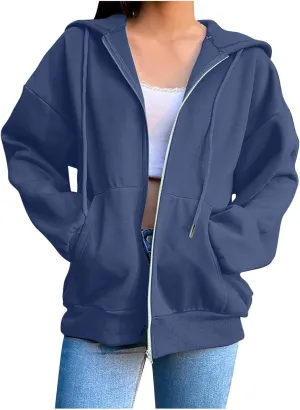 2024 Fall Trendy Hoodie Oversized Solid Long Sleeve Full Zip Up Casual Drawstring Hooded Jacket Loose Open Front Coat