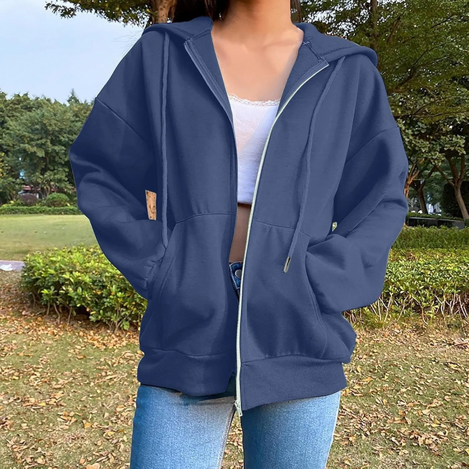 2024 Fall Trendy Hoodie Oversized Solid Long Sleeve Full Zip Up Casual Drawstring Hooded Jacket Loose Open Front Coat