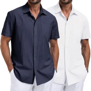 3 Pack Mens Linen Shirts Button Down Short Sleeve Shirt Casual Summer Beach Vacation Tops with Pocket