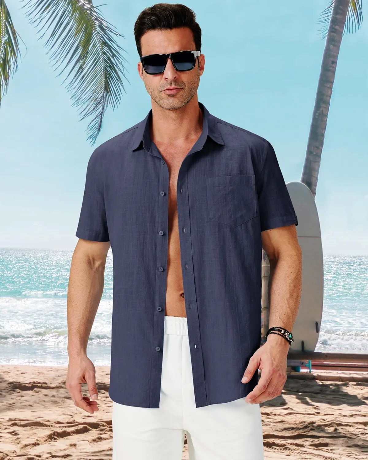 3 Pack Mens Linen Shirts Button Down Short Sleeve Shirt Casual Summer Beach Vacation Tops with Pocket