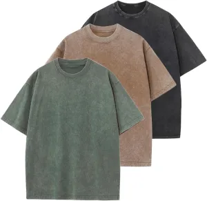 3 Pcs Men's Oversized T-Shirts Unisex Cotton Wash Short Sleeves Vintage Streetwear Loose Fit Casual Solid Basic Tee Tops