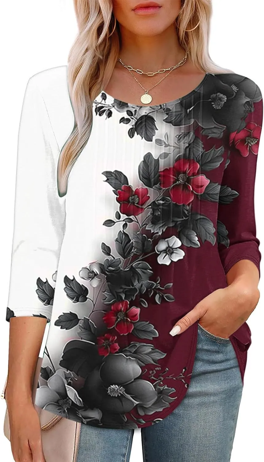 3/4 Length Sleeve Tops for Women Summer Dressy Casual Front Pleated Crewneck Shirts Flowy Tunic Tops Trendy Clothes