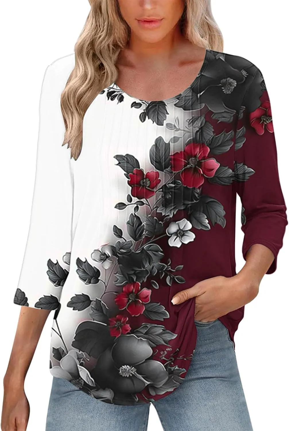 3/4 Length Sleeve Tops for Women Summer Dressy Casual Front Pleated Crewneck Shirts Flowy Tunic Tops Trendy Clothes