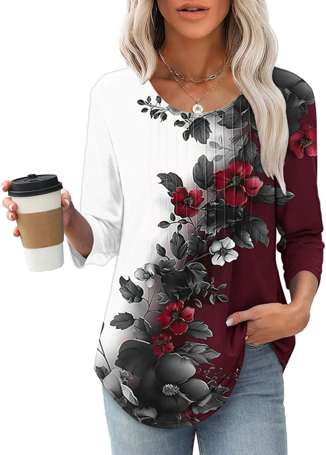 3/4 Length Sleeve Tops for Women Summer Dressy Casual Front Pleated Crewneck Shirts Flowy Tunic Tops Trendy Clothes