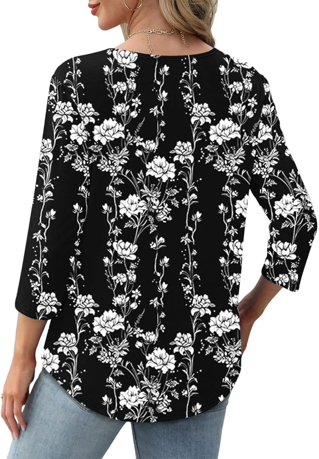 3/4 Length Sleeve Tops for Women Summer Dressy Casual Front Pleated Crewneck Shirts Flowy Tunic Tops Trendy Clothes