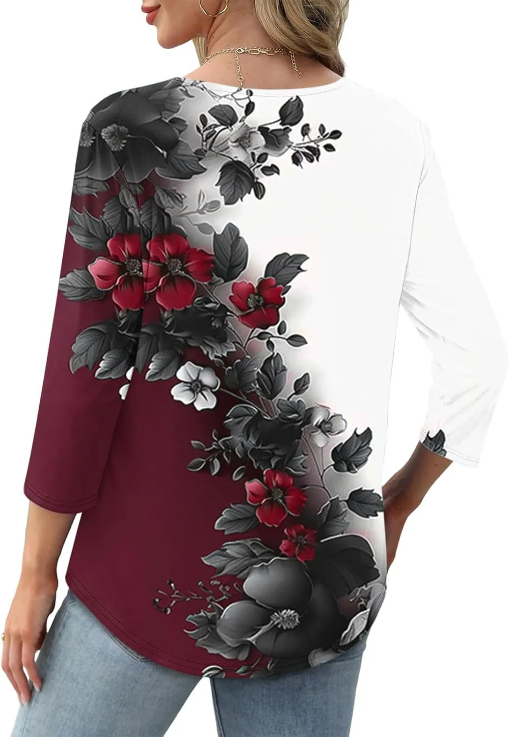 3/4 Length Sleeve Tops for Women Summer Dressy Casual Front Pleated Crewneck Shirts Flowy Tunic Tops Trendy Clothes