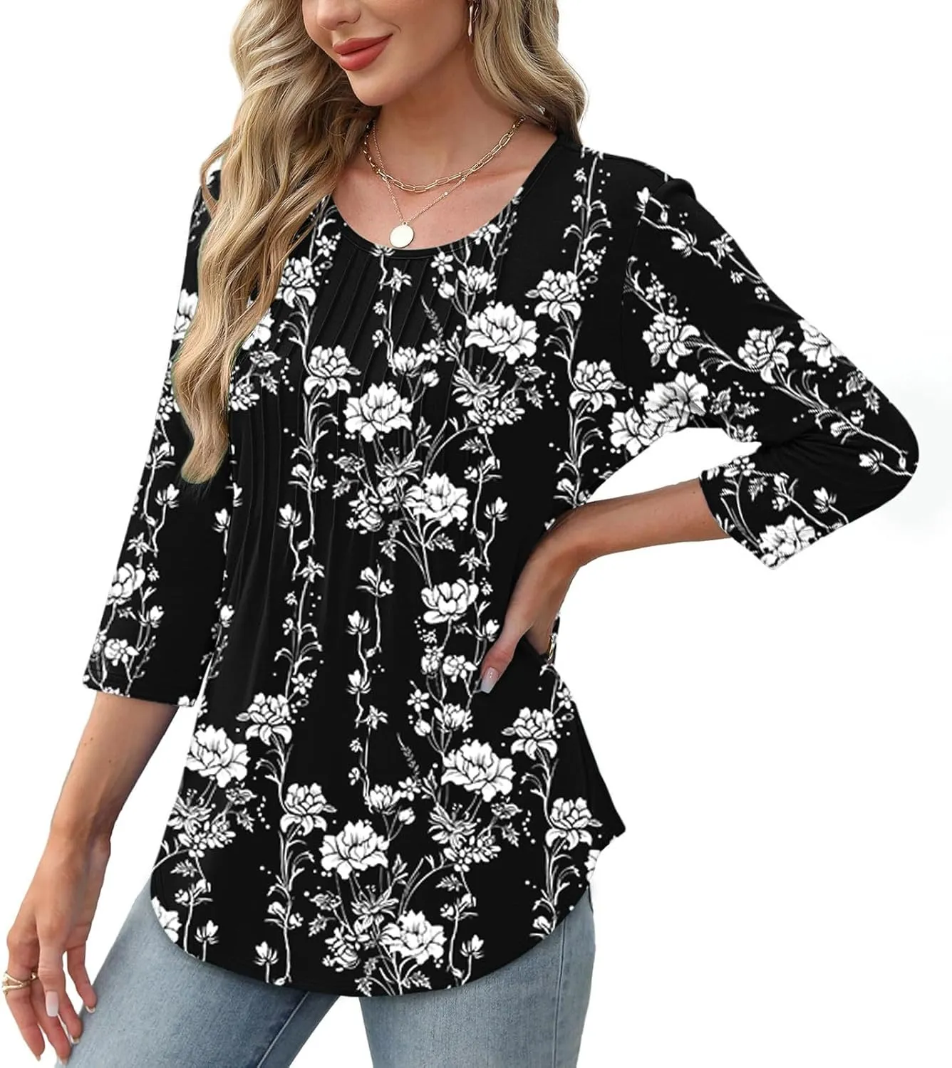 3/4 Length Sleeve Tops for Women Summer Dressy Casual Front Pleated Crewneck Shirts Flowy Tunic Tops Trendy Clothes