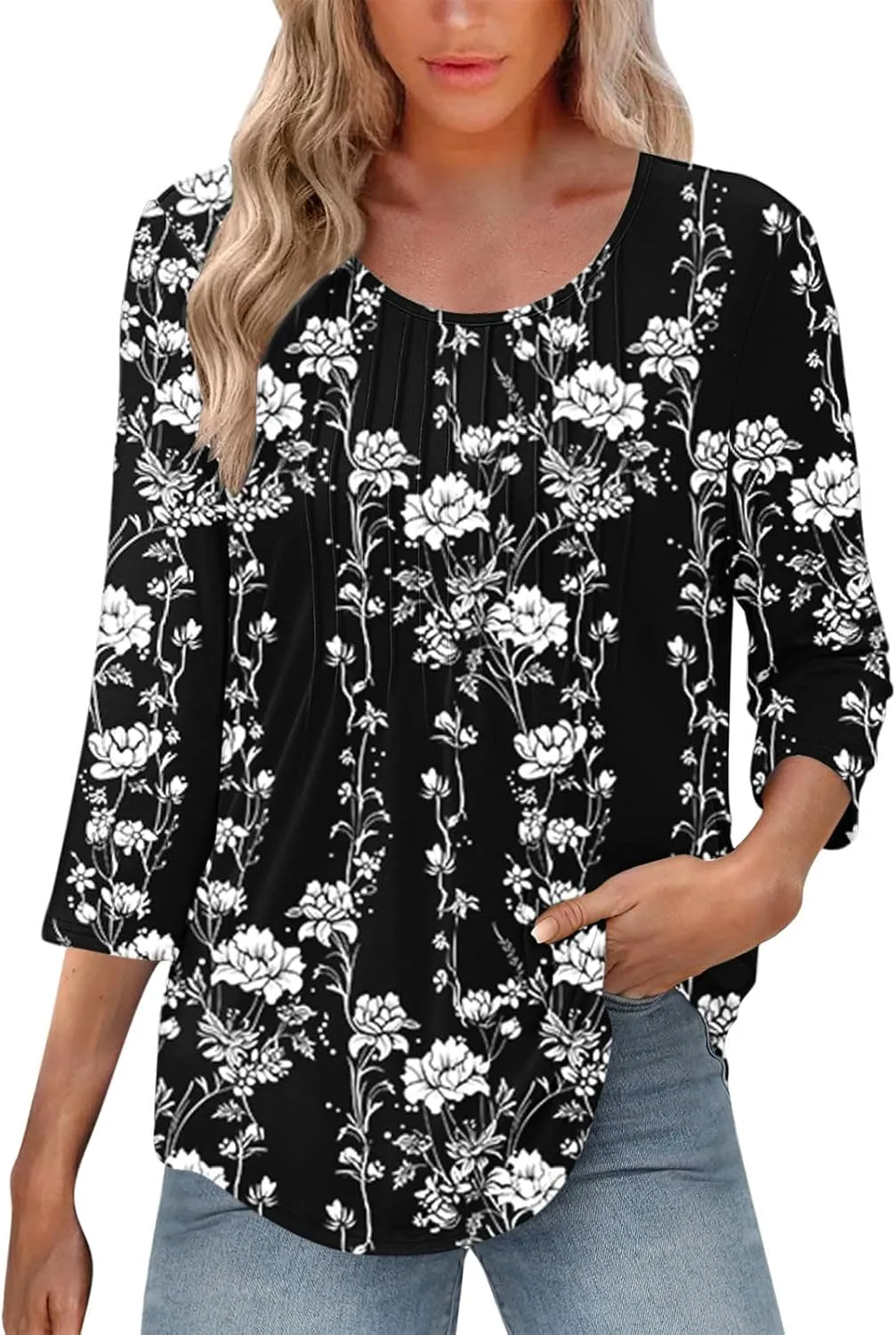 3/4 Length Sleeve Tops for Women Summer Dressy Casual Front Pleated Crewneck Shirts Flowy Tunic Tops Trendy Clothes