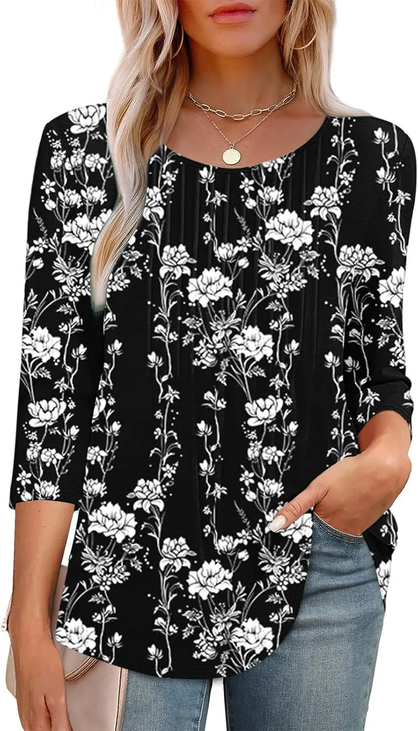3/4 Length Sleeve Tops for Women Summer Dressy Casual Front Pleated Crewneck Shirts Flowy Tunic Tops Trendy Clothes