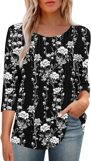 3/4 Length Sleeve Tops for Women Summer Dressy Casual Front Pleated Crewneck Shirts Flowy Tunic Tops Trendy Clothes