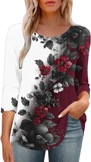 3/4 Length Sleeve Tops for Women Summer Dressy Casual Front Pleated Crewneck Shirts Flowy Tunic Tops Trendy Clothes