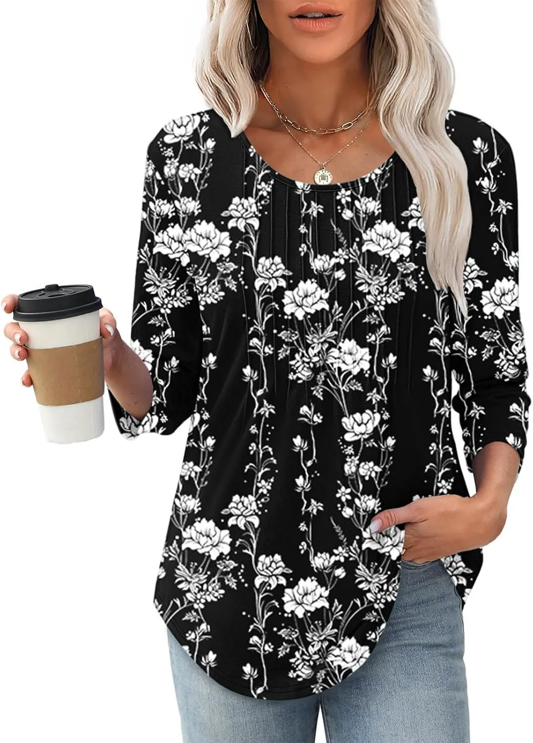 3/4 Length Sleeve Tops for Women Summer Dressy Casual Front Pleated Crewneck Shirts Flowy Tunic Tops Trendy Clothes