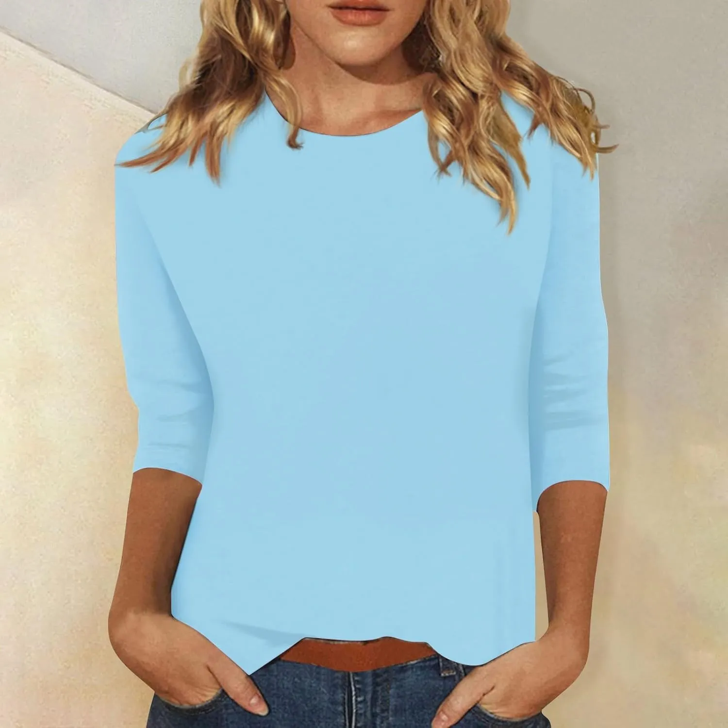 3/4 Length Sleeve Womens Tops Casual Loose Fit Crewneck T Shirts Cute Solid Three Quarter Length Tunic Tops