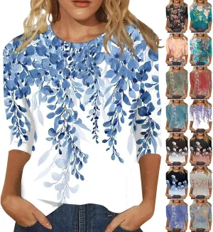 3/4 Length Sleeve Womens Tops Crewneck Floral Graphic Plus Size Shirts Three Quarter Loose Casual Dressy Blouses