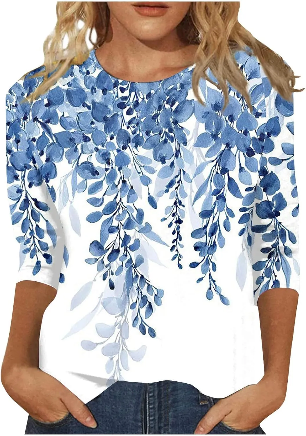 3/4 Length Sleeve Womens Tops Crewneck Floral Graphic Plus Size Shirts Three Quarter Loose Casual Dressy Blouses