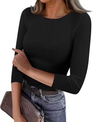 3/4 Length Sleeve Womens Tops Fitted Knit Casual Crew Neck T Shirts Dressy Stretchy Ribbed Comfy Work Blouse