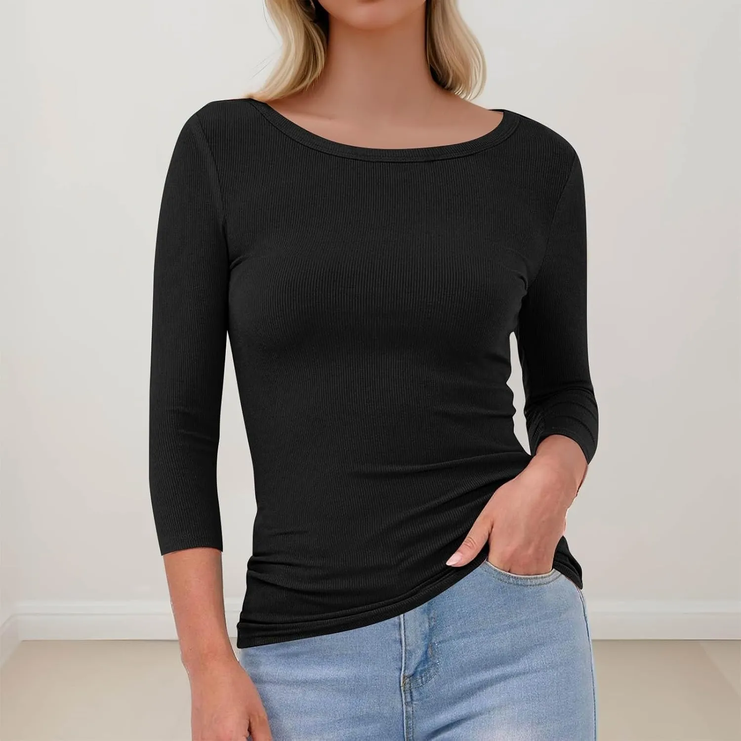 3/4 Length Sleeve Womens Tops Fitted Knit Casual Crew Neck T Shirts Dressy Stretchy Ribbed Comfy Work Blouse