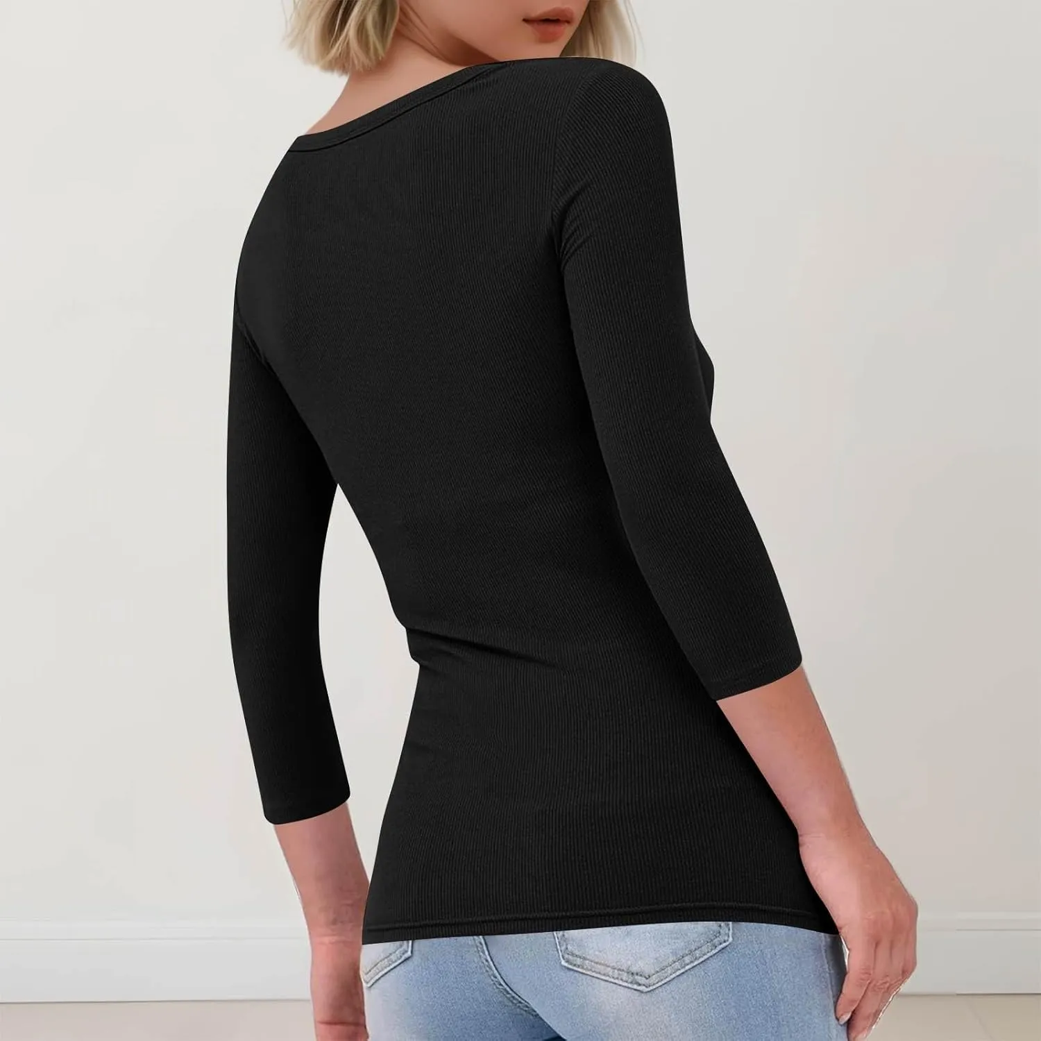 3/4 Length Sleeve Womens Tops Fitted Knit Casual Crew Neck T Shirts Dressy Stretchy Ribbed Comfy Work Blouse