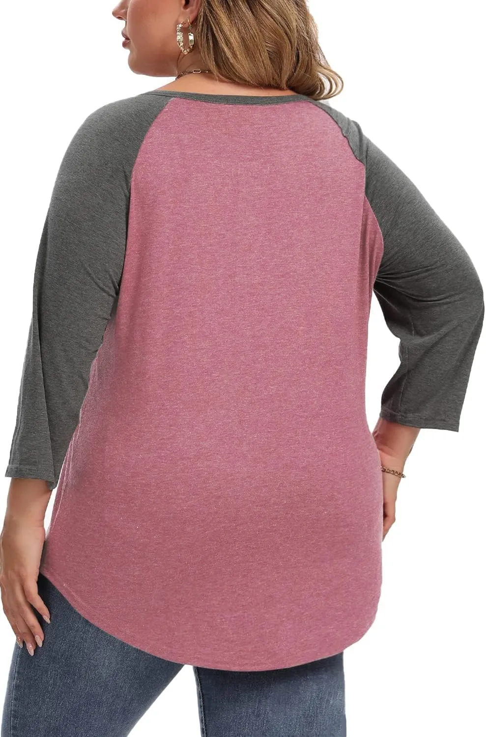 3/4 Sleeve Shirts for Women Plus Size Casual V Neck Blouses Color Block Henley Shirts