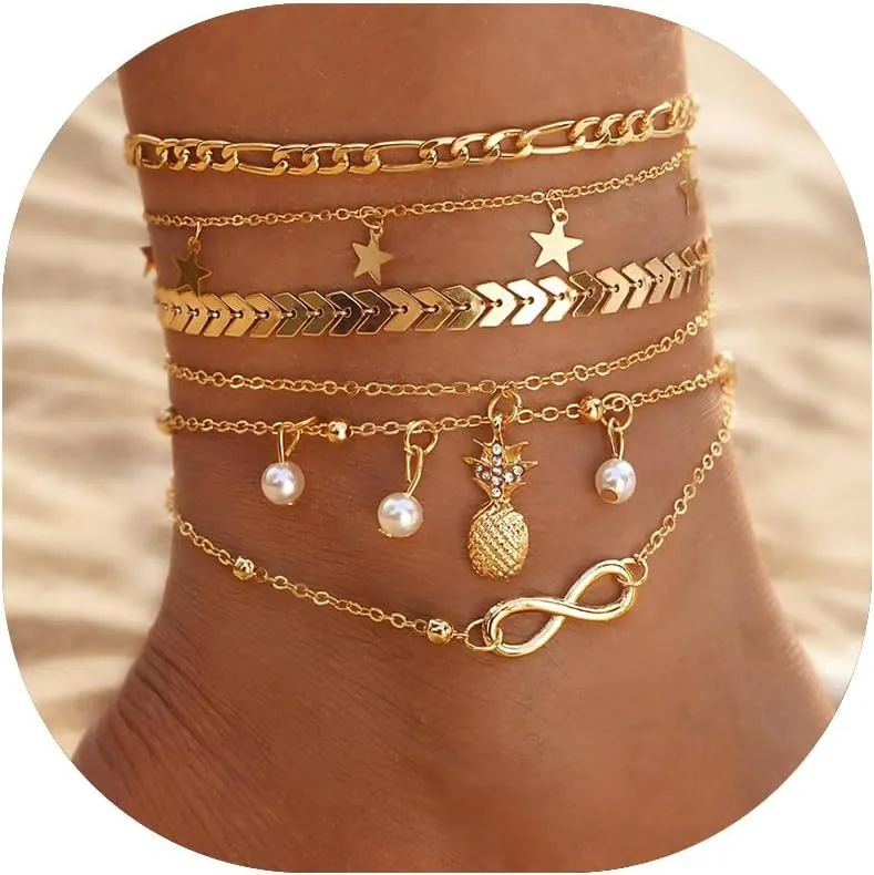 5 PCS Boho Gold Ankle Bracelets for Women??14k Gold Ankle Bracelets for Women??Plated Gold Layered Anklet??Waterproof Beaded Cuban Link Chain Adjustable Size Hawaii Summer Beach Vacation Foot Jewelry