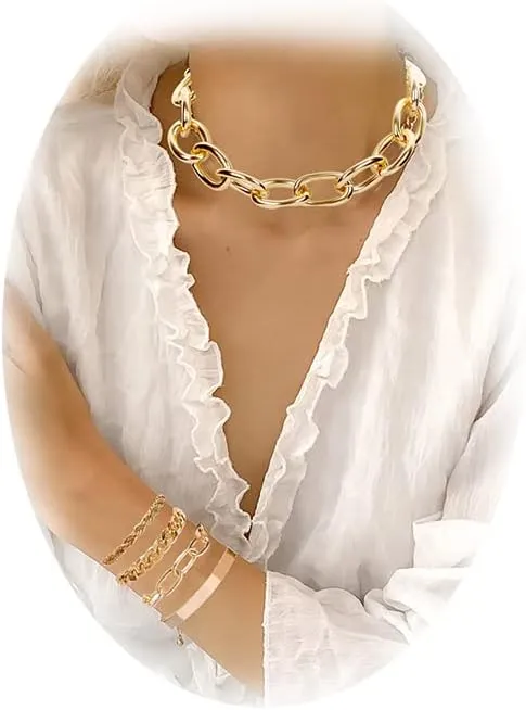 5 Pcs Chunky Necklace Bracelets Set For Women Gold Stackable Bangle Bracelet Set Cuban Chunky Chain Choker Necklace For Punk Jewelry Layered Link Bracelet Chain Punk Hip-hop Jewelry (5 Pcs Set)