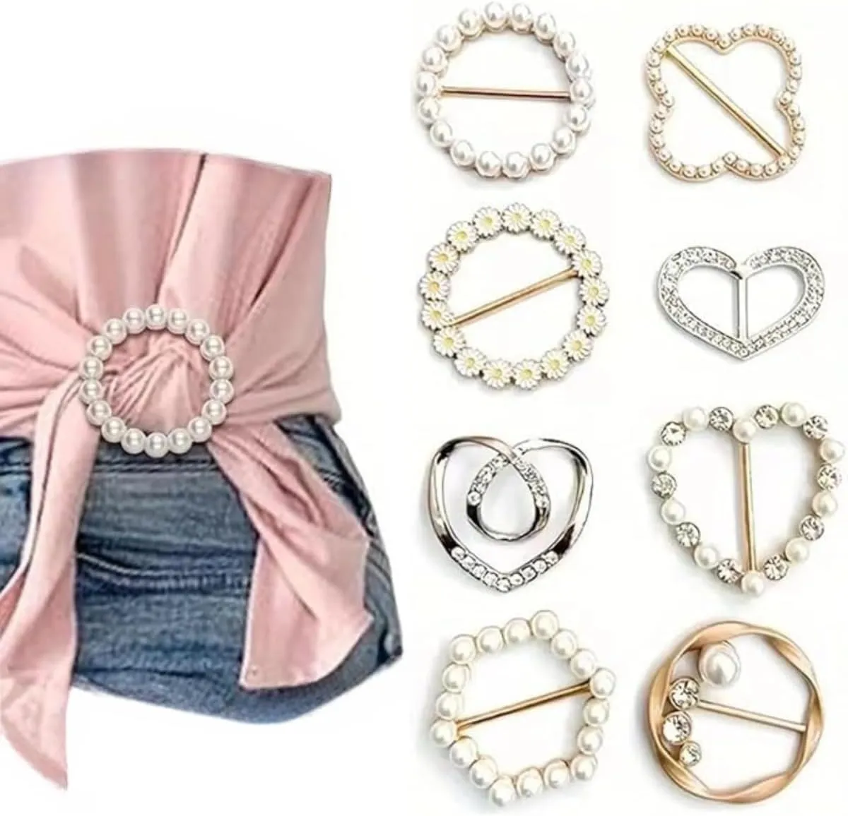 8PCS Shirt Ring Clip for Women Scarf Clip Clothes Hem Knotted Buckle Fashion Rhinestone Shirt Clip