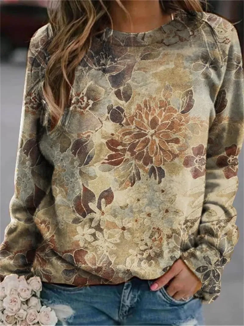 Akivide Women's Fall Boho Floral Crewneck Oversized Sweatshirt Flower Graphic Casual Loose Long Sleeve Pullover Top