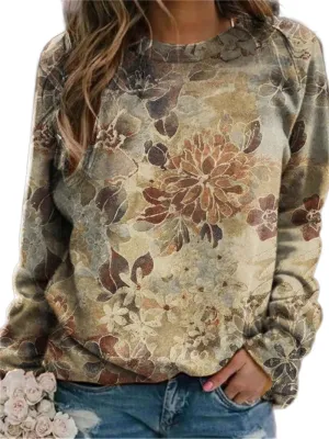 Akivide Women's Fall Boho Floral Crewneck Oversized Sweatshirt Flower Graphic Casual Loose Long Sleeve Pullover Top