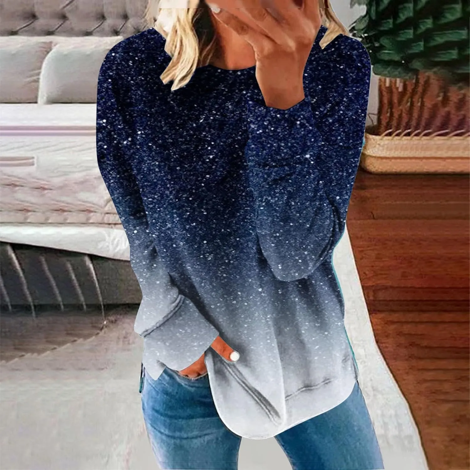 Akklian Women's Long Sleeve Crewneck Sweatshirts No Hood Loose Fit Oversized Ombre Tops Fall Lounge Trendy Pullover Sweaters