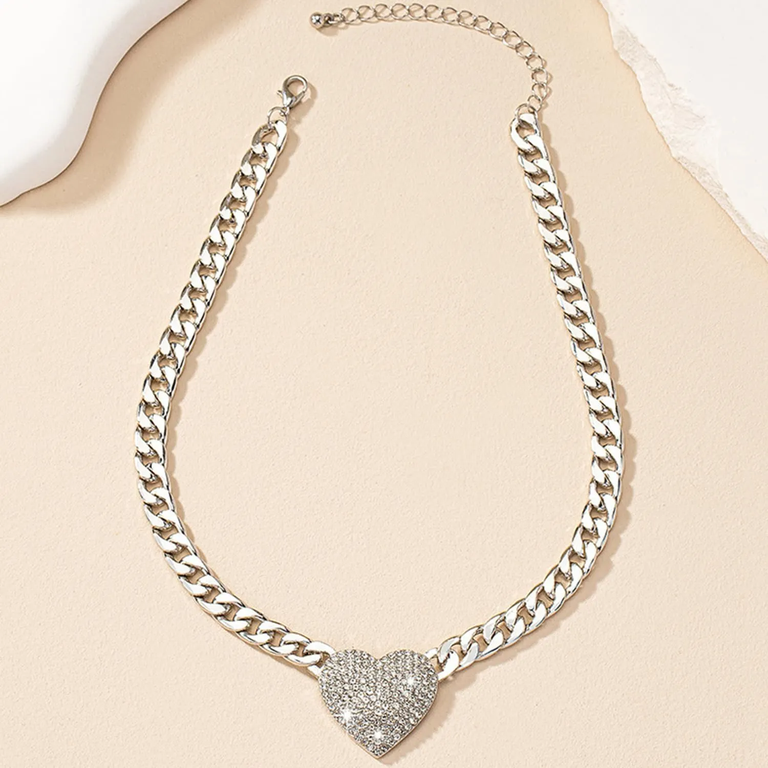 Aktully Heart Necklaces for Women Rhinestone Heart Choker Neckalce Gold Chunky Cuban Link Chain Necklace CZ Heart Pendant Punk Statement Necklace for Women Jewelry Necklace