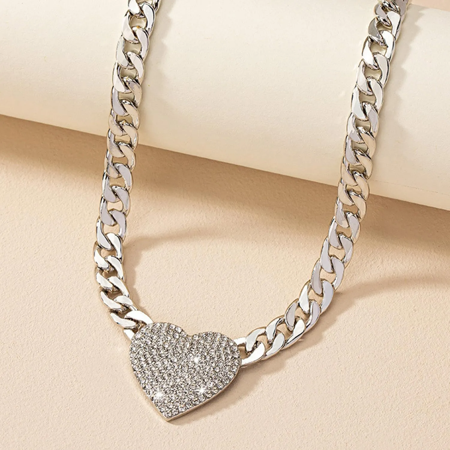 Aktully Heart Necklaces for Women Rhinestone Heart Choker Neckalce Gold Chunky Cuban Link Chain Necklace CZ Heart Pendant Punk Statement Necklace for Women Jewelry Necklace