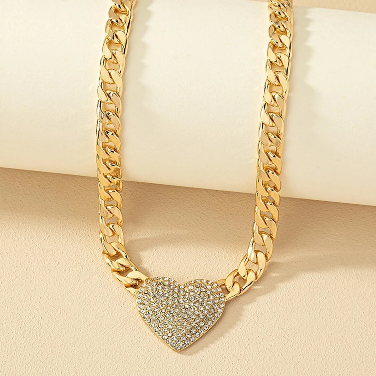 Aktully Heart Necklaces for Women Rhinestone Heart Choker Neckalce Gold Chunky Cuban Link Chain Necklace CZ Heart Pendant Punk Statement Necklace for Women Jewelry Necklace