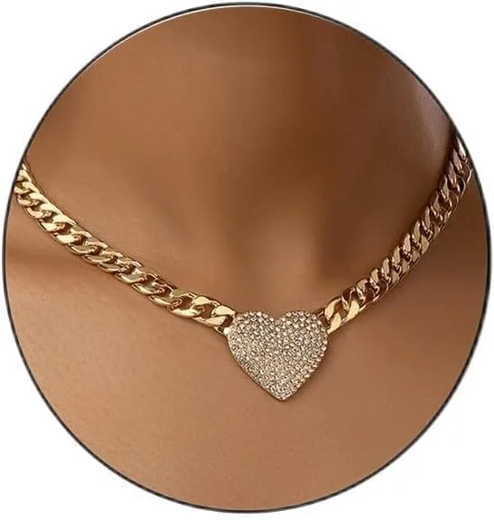 Aktully Heart Necklaces for Women Rhinestone Heart Choker Neckalce Gold Chunky Cuban Link Chain Necklace CZ Heart Pendant Punk Statement Necklace for Women Jewelry Necklace