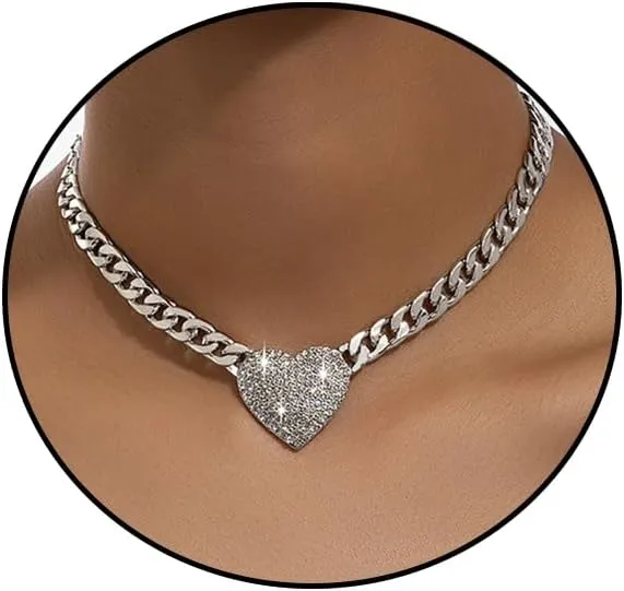 Aktully Heart Necklaces for Women Rhinestone Heart Choker Neckalce Gold Chunky Cuban Link Chain Necklace CZ Heart Pendant Punk Statement Necklace for Women Jewelry Necklace
