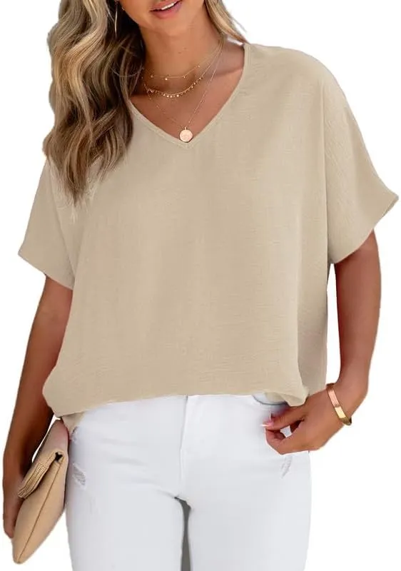 Allimy Women Summer Casual V Neck Textured Blouses Loose Short Sleeve Tops
