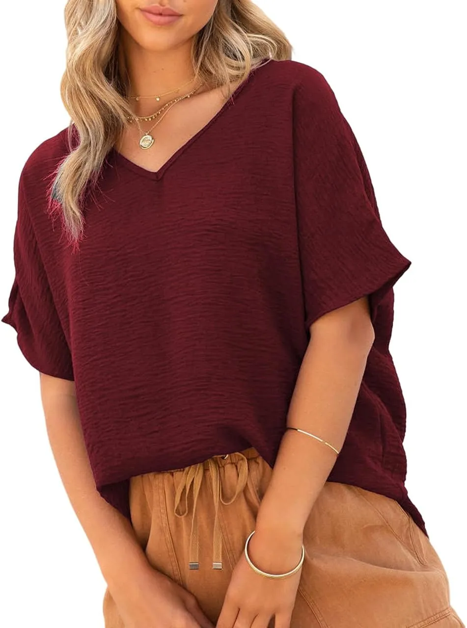 Allimy Women Summer Casual V Neck Textured Blouses Loose Short Sleeve Tops