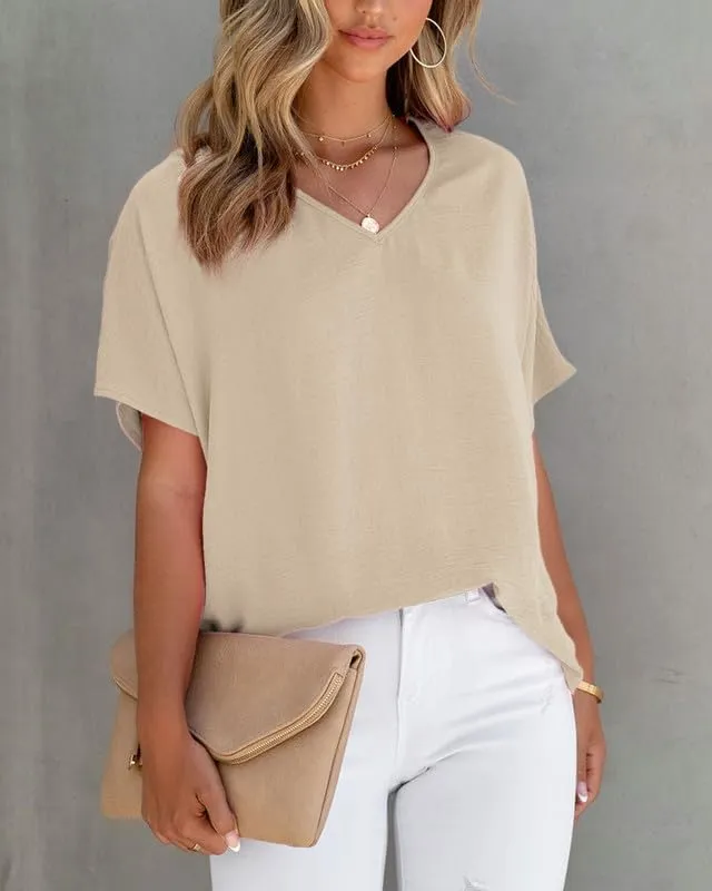 Allimy Women Summer Casual V Neck Textured Blouses Loose Short Sleeve Tops