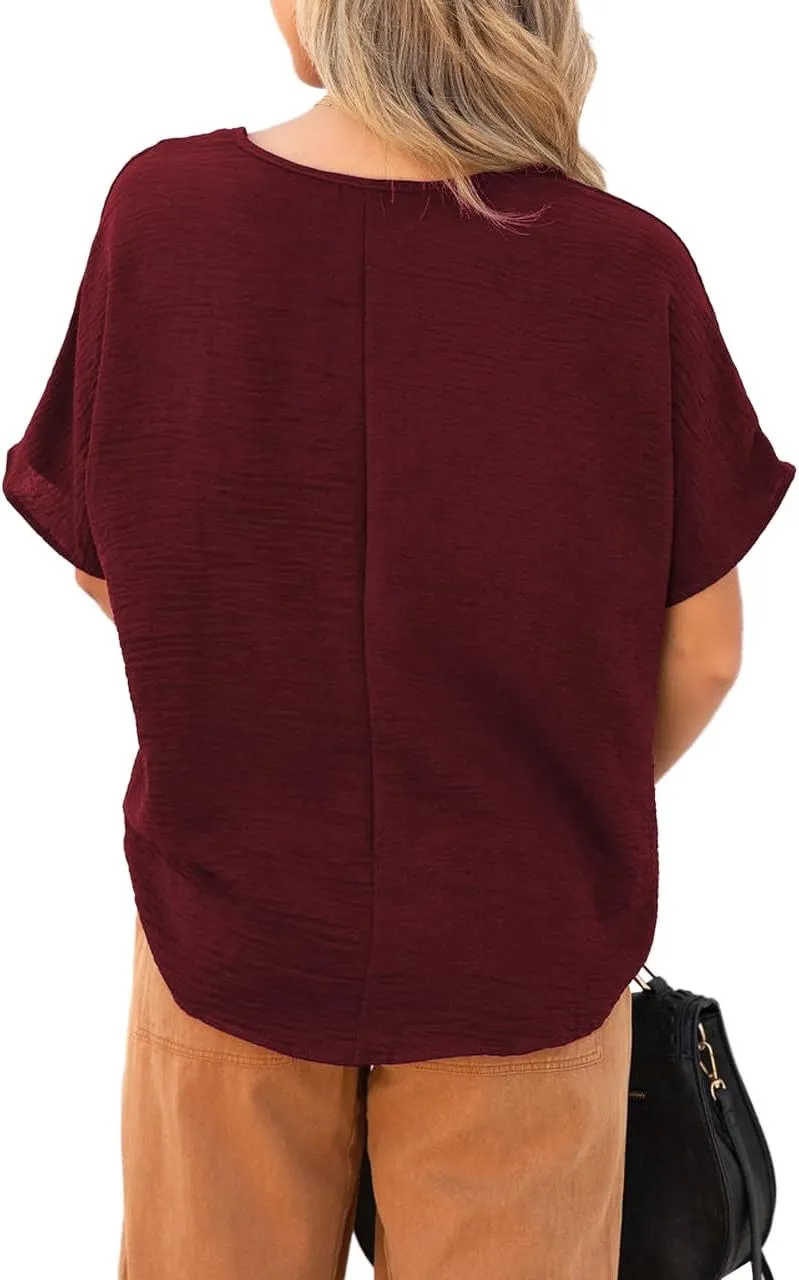 Allimy Women Summer Casual V Neck Textured Blouses Loose Short Sleeve Tops