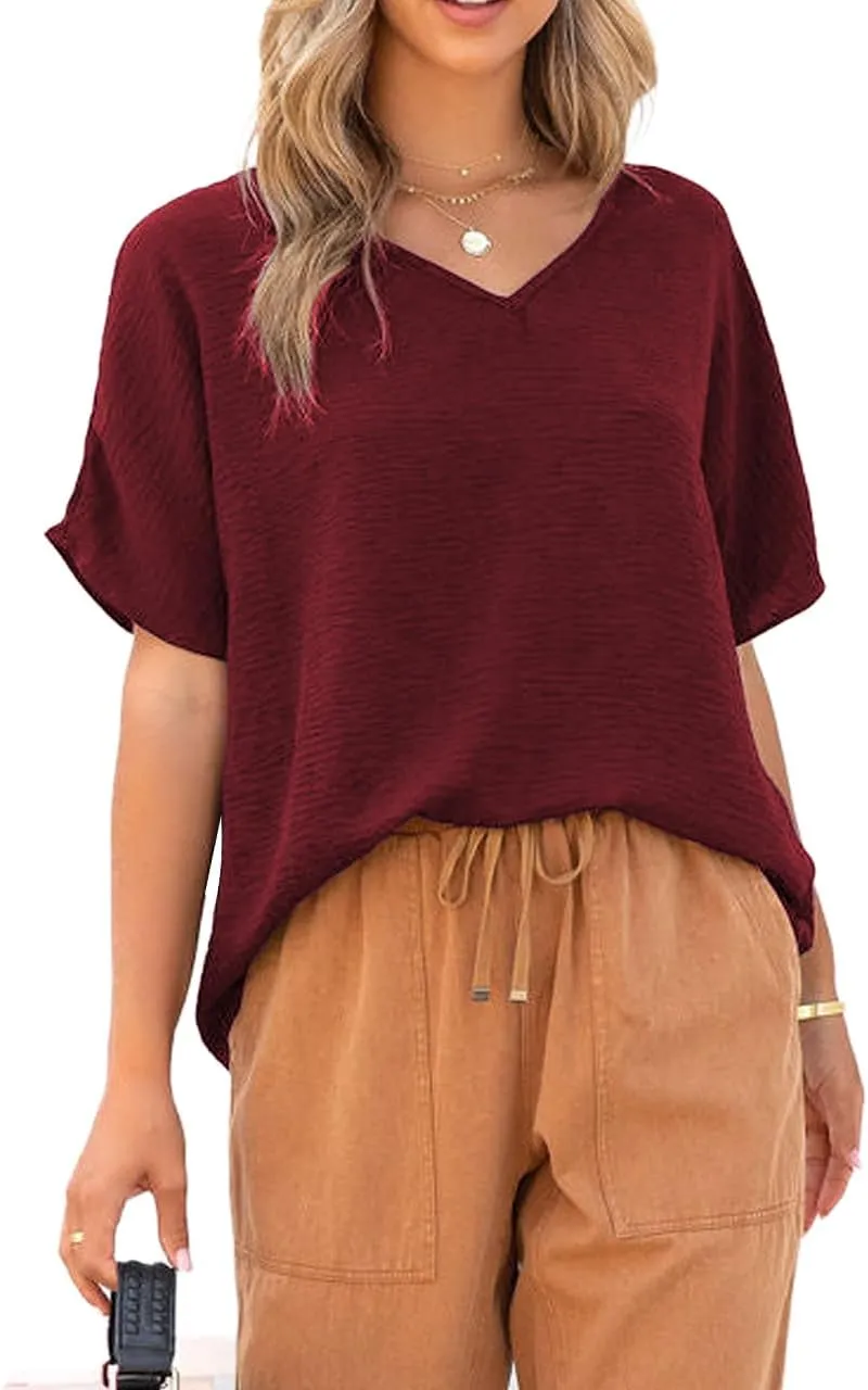 Allimy Women Summer Casual V Neck Textured Blouses Loose Short Sleeve Tops