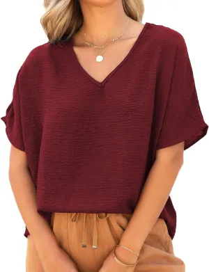 Allimy Women Summer Casual V Neck Textured Blouses Loose Short Sleeve Tops