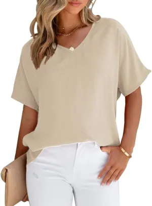 Allimy Women Summer Casual V Neck Textured Blouses Loose Short Sleeve Tops