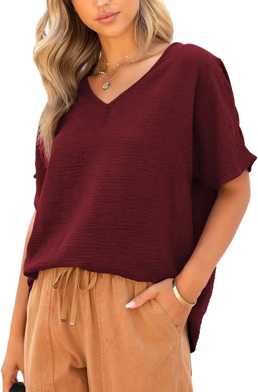 Allimy Women Summer Casual V Neck Textured Blouses Loose Short Sleeve Tops