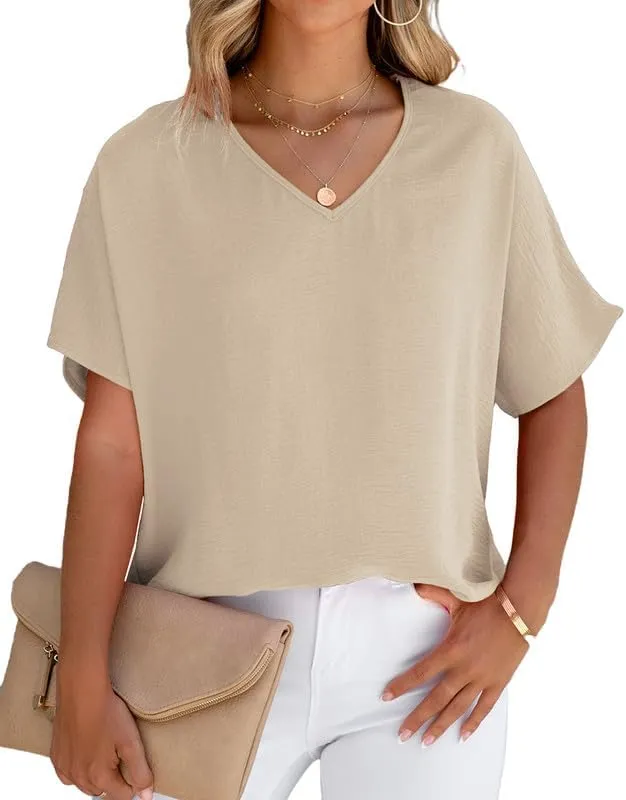 Allimy Women Summer Casual V Neck Textured Blouses Loose Short Sleeve Tops